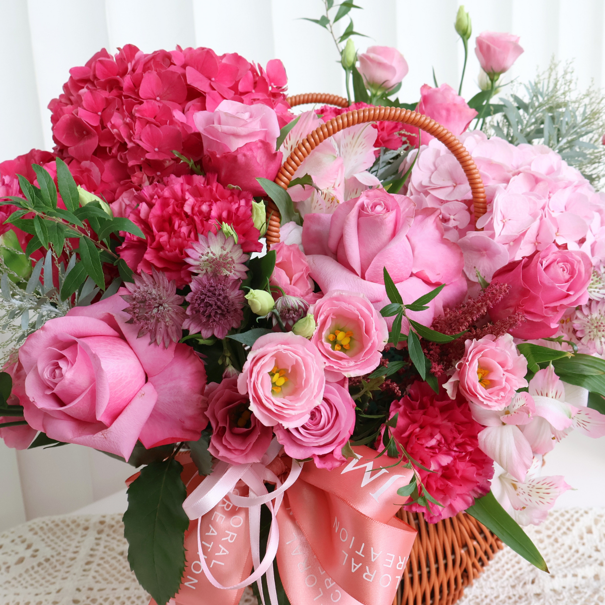 Blush Bloom (Roses, Hydrangea, Eustoma) - Valentine Flower Basket