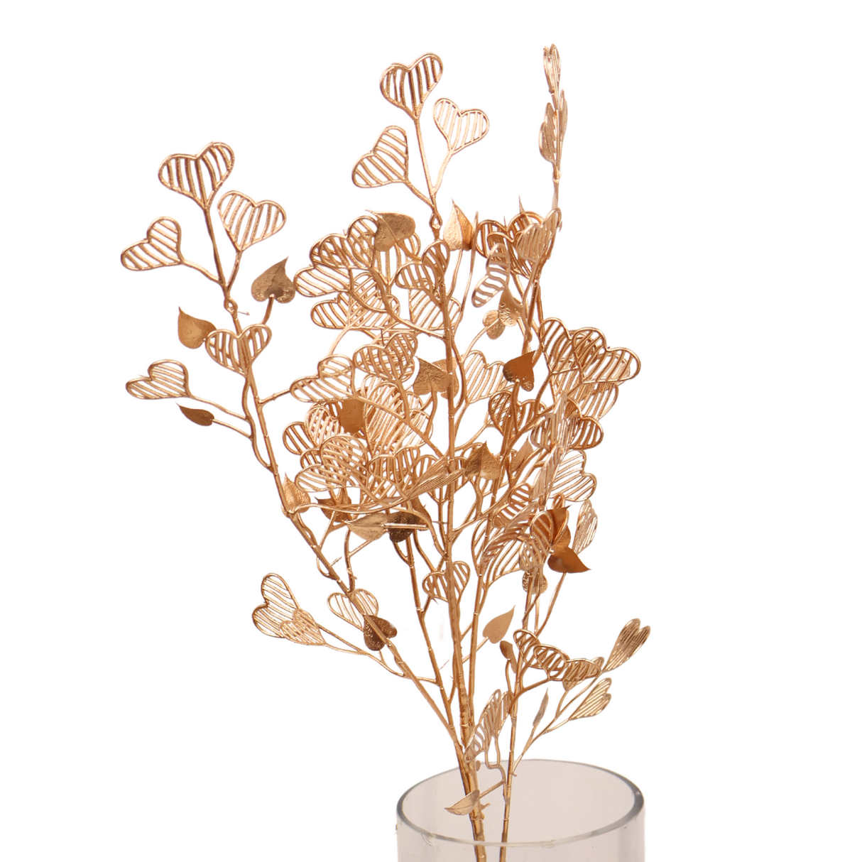 Brown twig in copper vase with hydrangea plant.