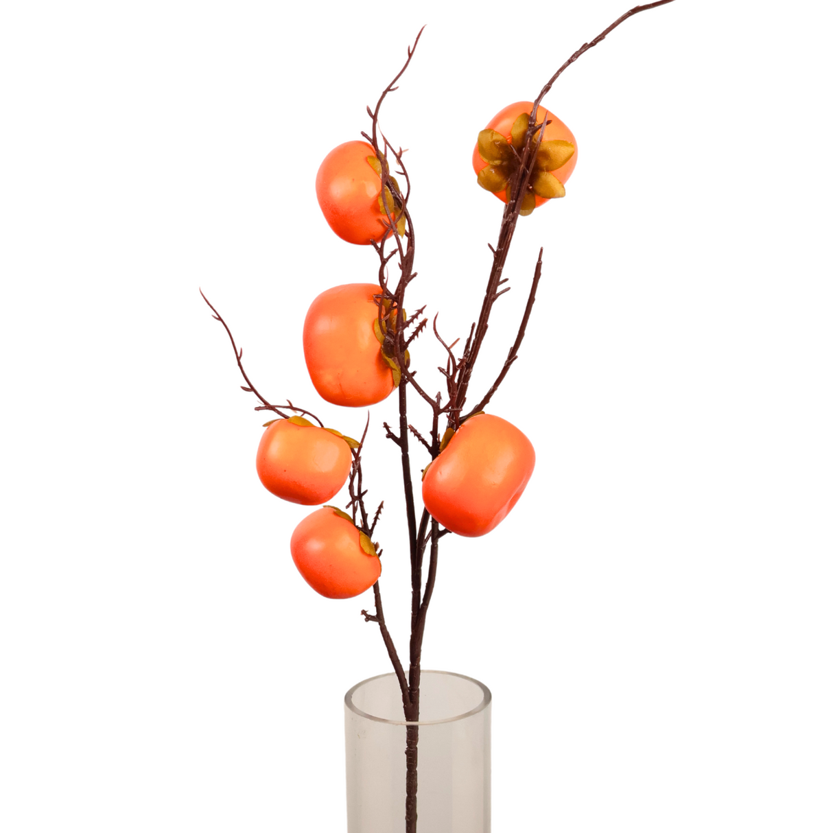 Orange, tomato, persimmons, vase on table.