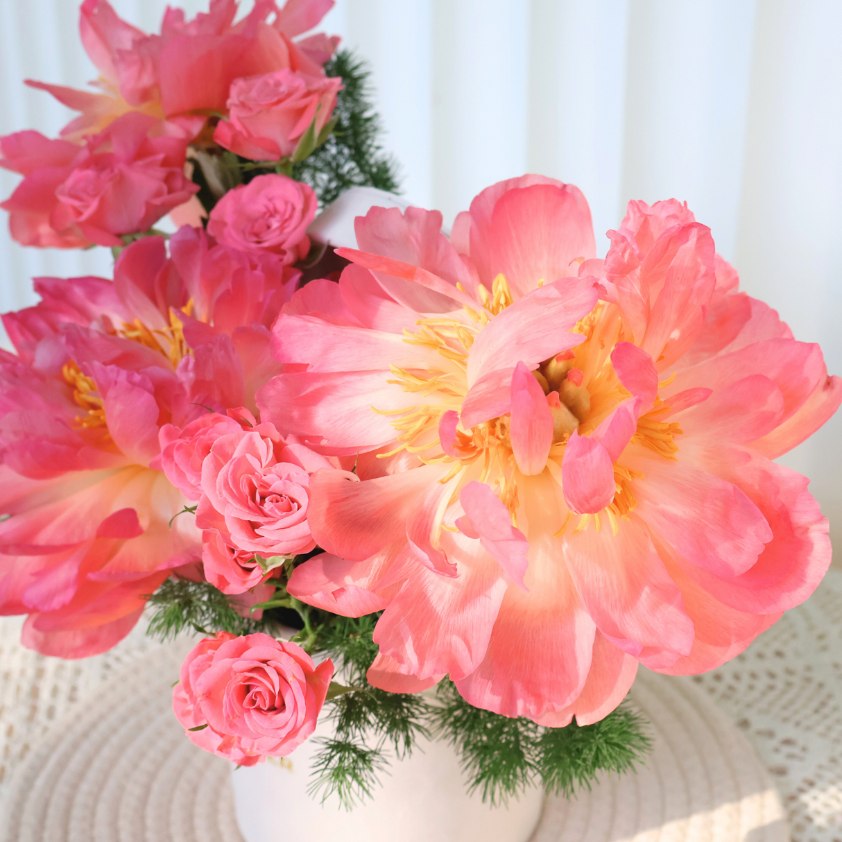 Floral Glow (3 Peonies, 3 Rose Spray) - Table Flower Arrangement