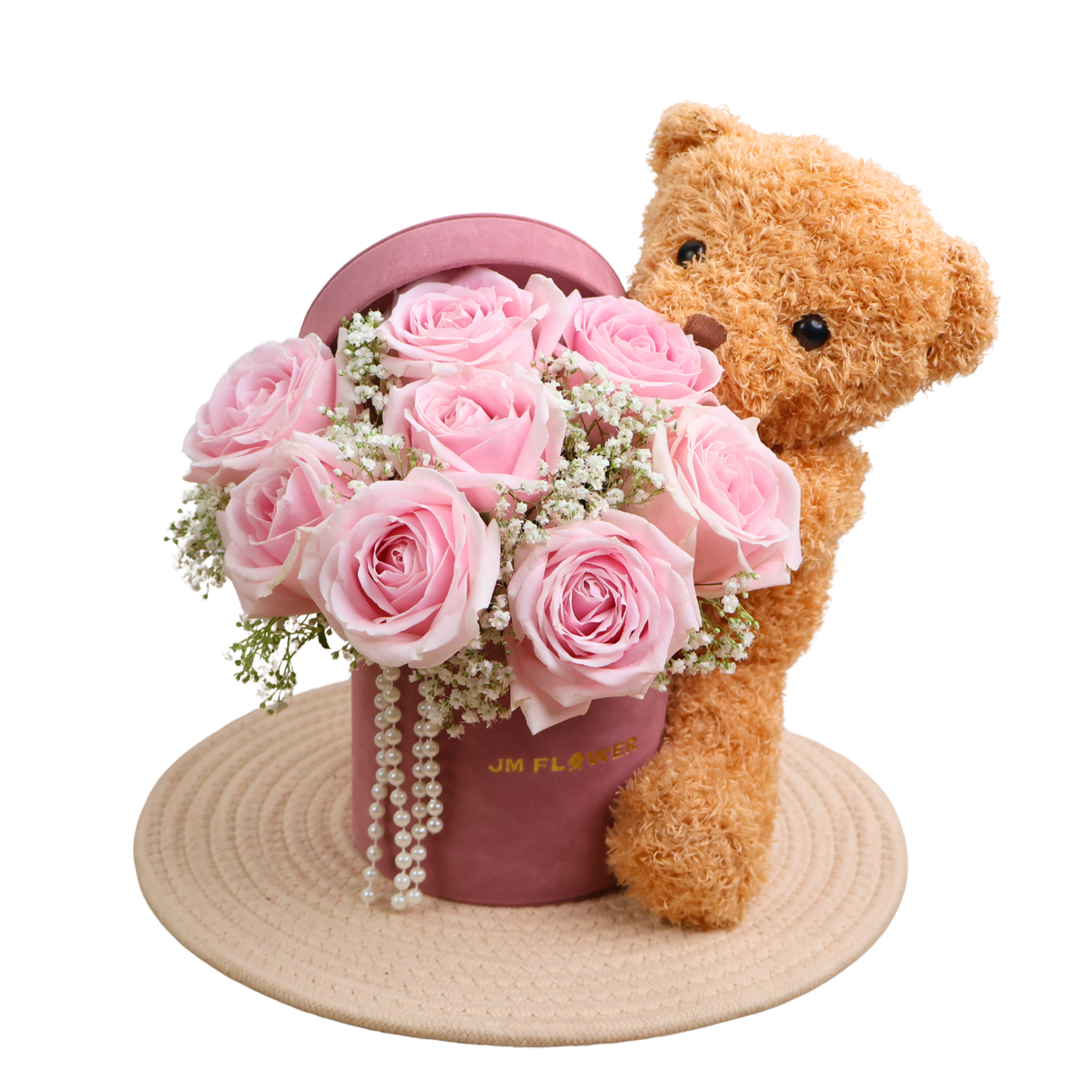Pink Bliss (8 Roses, Baby's Breath) - Table Flower Arrangement