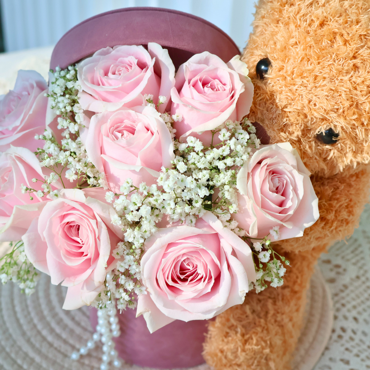 Pink Bliss (8 Roses, Baby's Breath) - Table Flower Arrangement