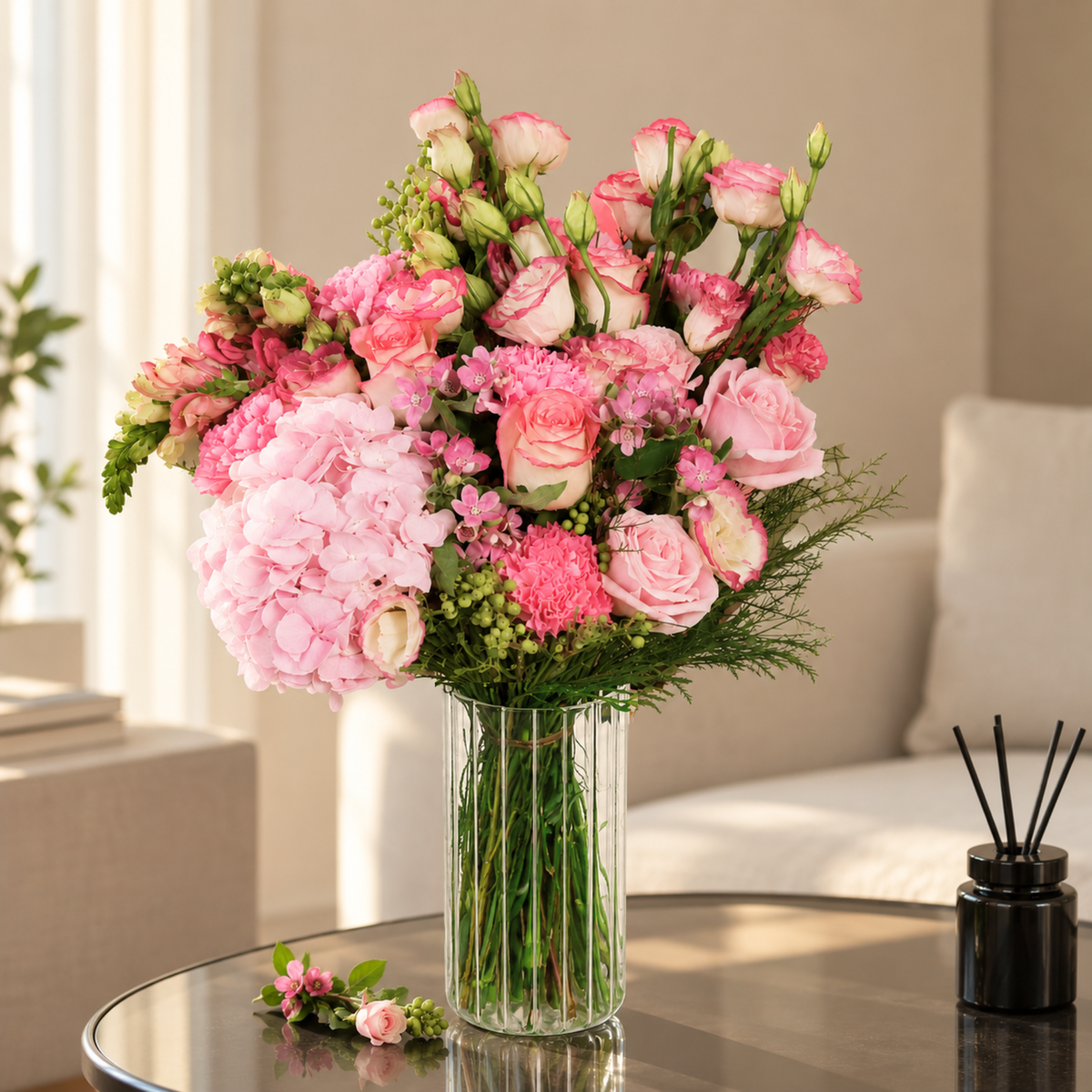 Pink Berry (1 Hydrangea, 5 Roses) - Vase Arrangement