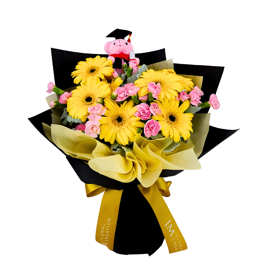 Yellow sunflower bouquet with artificial flowers.