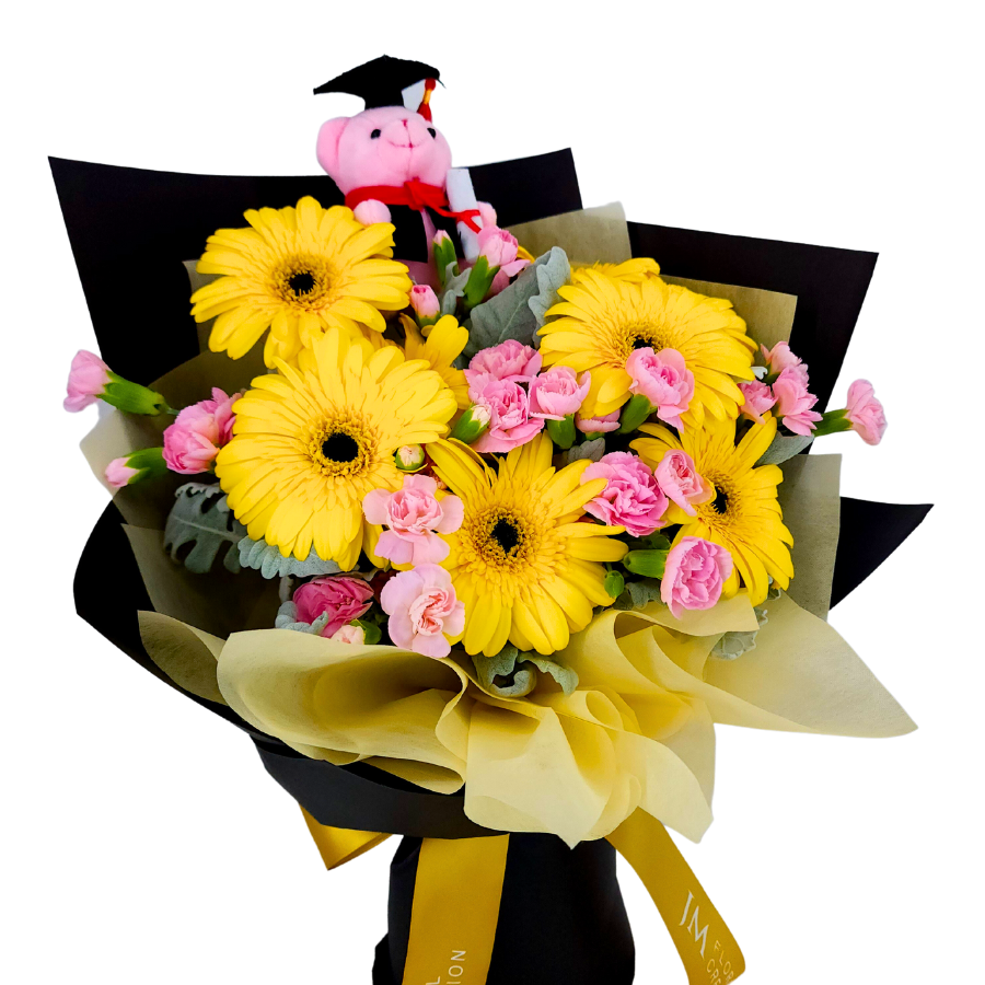 Yellow sunflower bouquet with artificial flowers.