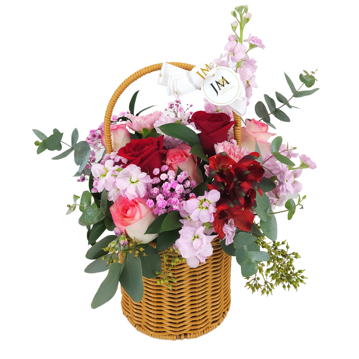 alba Roses and Carnations Korean-Style Basket Arrangement Birthday Flower Bouquet Singapore