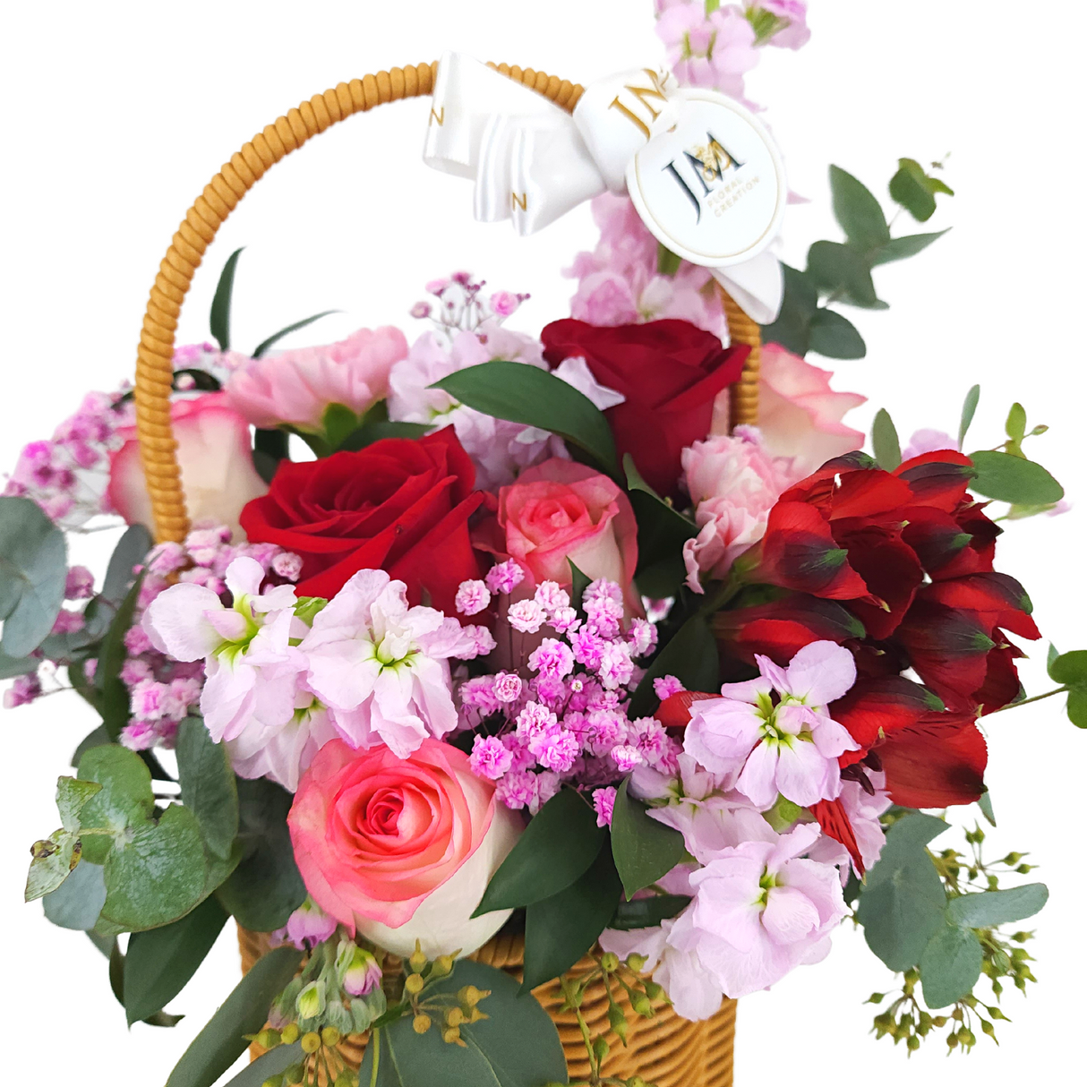 alba Roses and Carnations Korean-Style Basket Arrangement Birthday Flower Bouquet Singapore