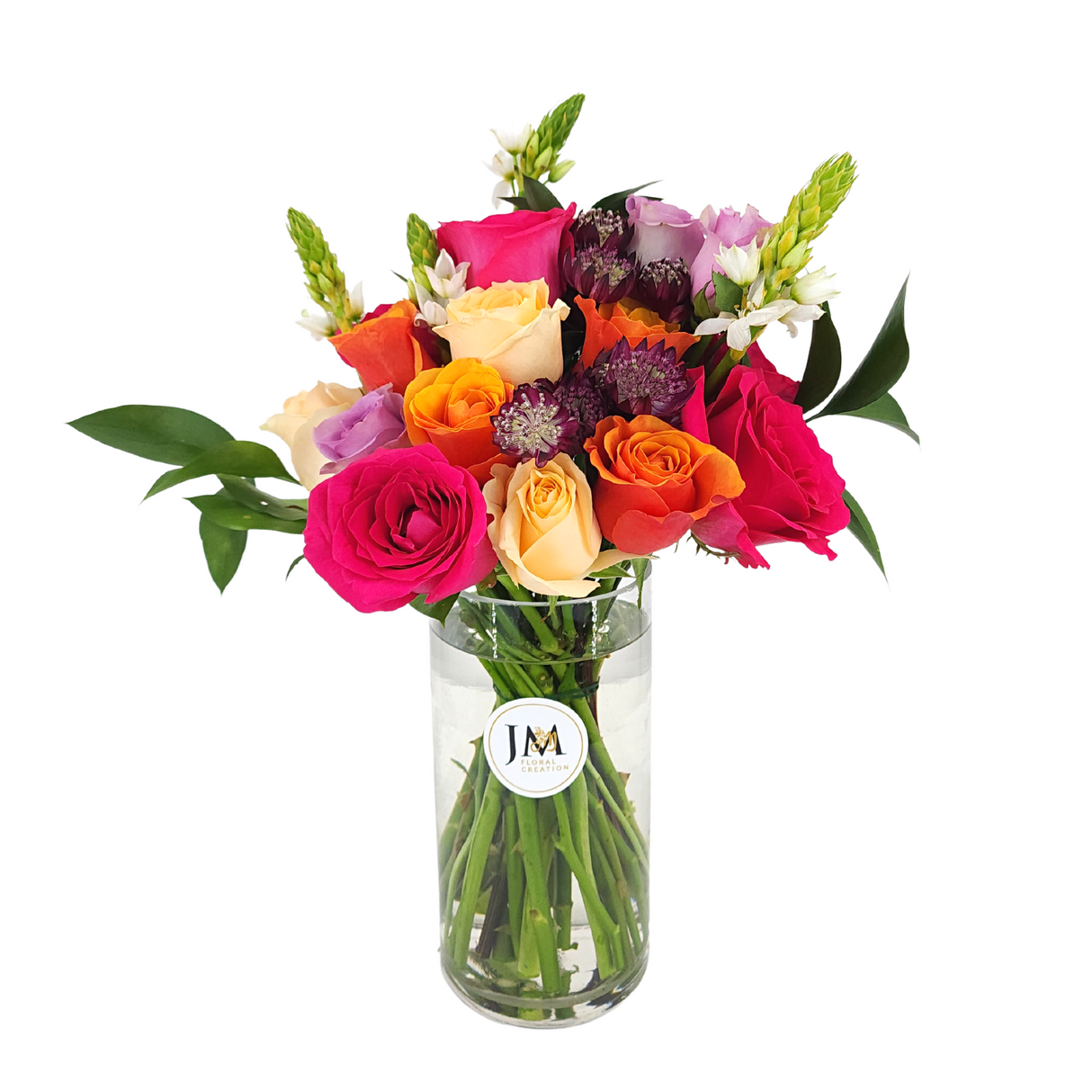 alexandra Orange, Pink, and Purple Roses Vase Arrangement Birthday Flower Bouquet Singapore
