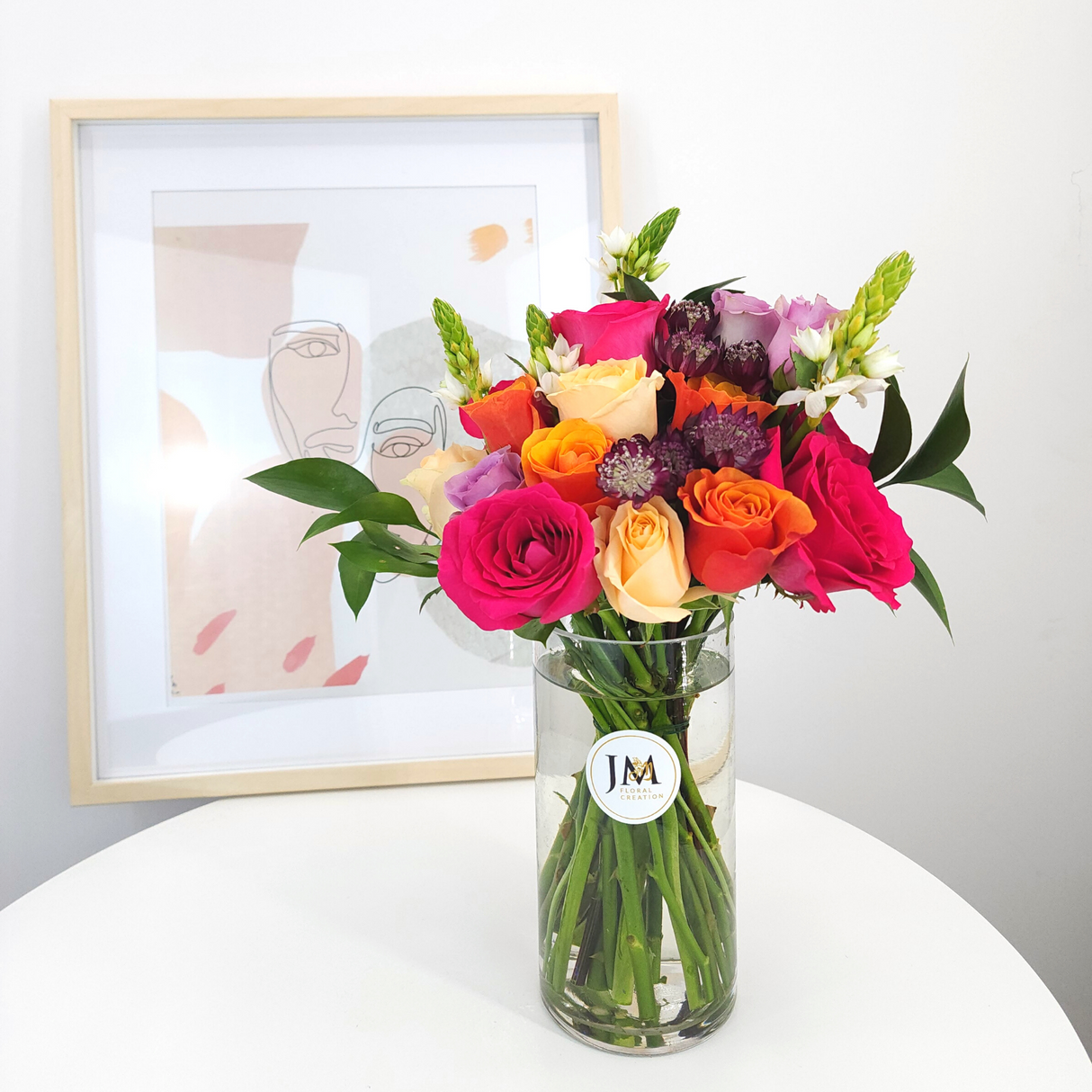 alexandra Orange, Pink, and Purple Roses Vase Arrangement Birthday Flower Bouquet Singapore