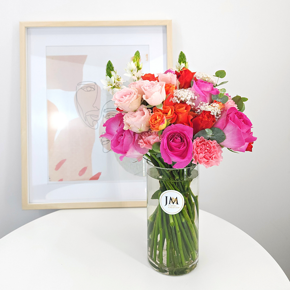 andrea Orange Roses, Yellow & Pink Carnations Vase Arrangement Birthday Flower Bouquet Singapore