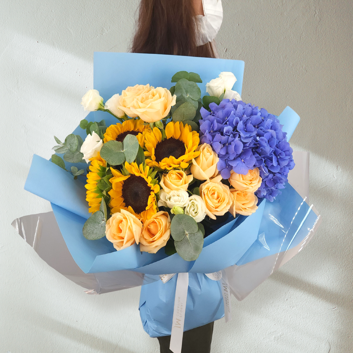 annabeth Blue Hydrangeas, Sunflower & Roses Bouquet Birthday Flower Bouquet Singapore