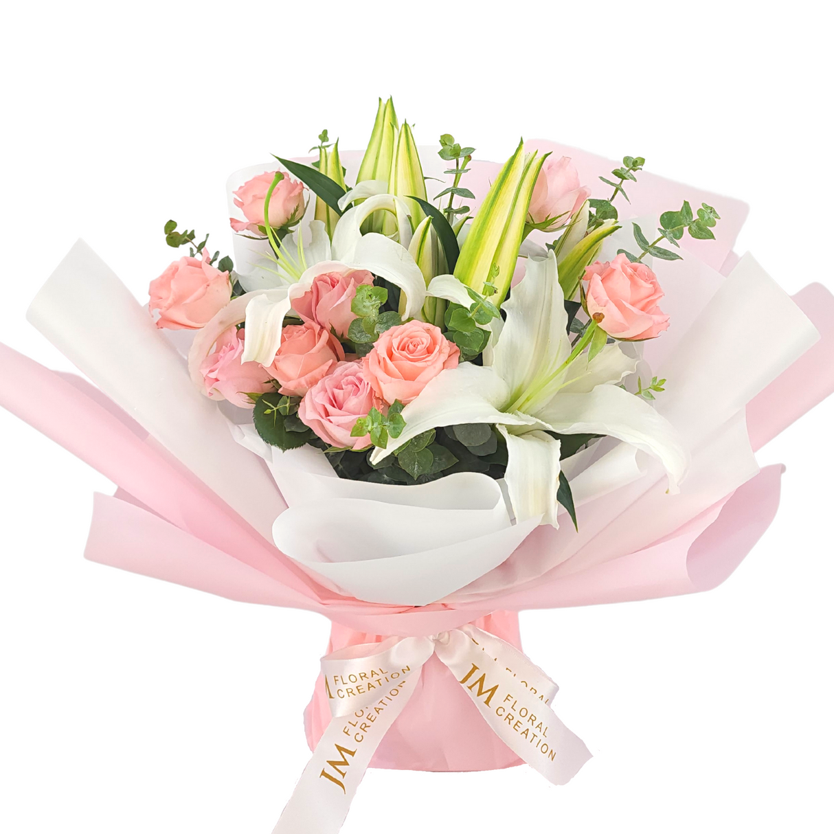 anneliese White Lilies & Pink Roses Wrapped Bouquet Birthday Flower Bouquet Singapore