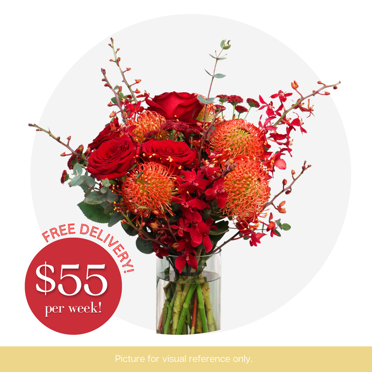 Red flower bouquet in vase.