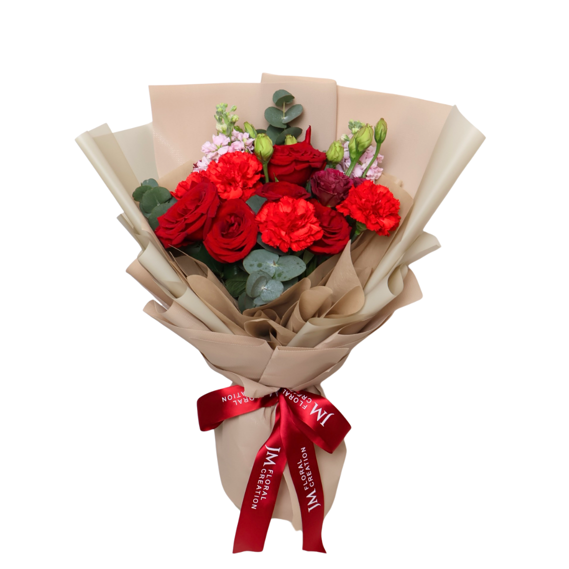 Pink and red flower bouquet arrangement.