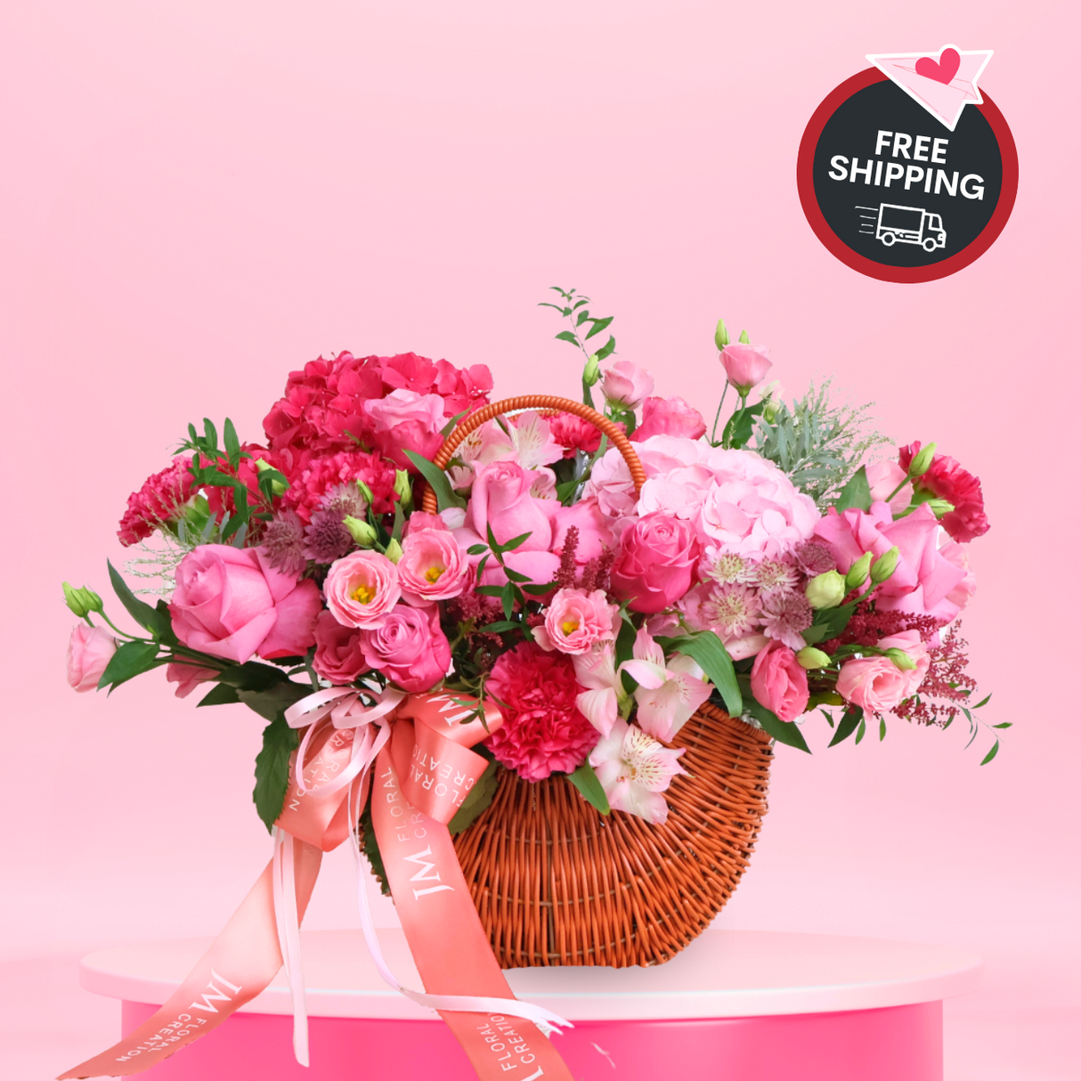 Blush Bloom (Roses, Hydrangea, Eustoma) - Valentine Flower Basket