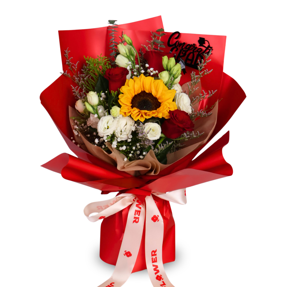 Bold Success (1 Sunflower, 3 Roses) - Flower Bouquet