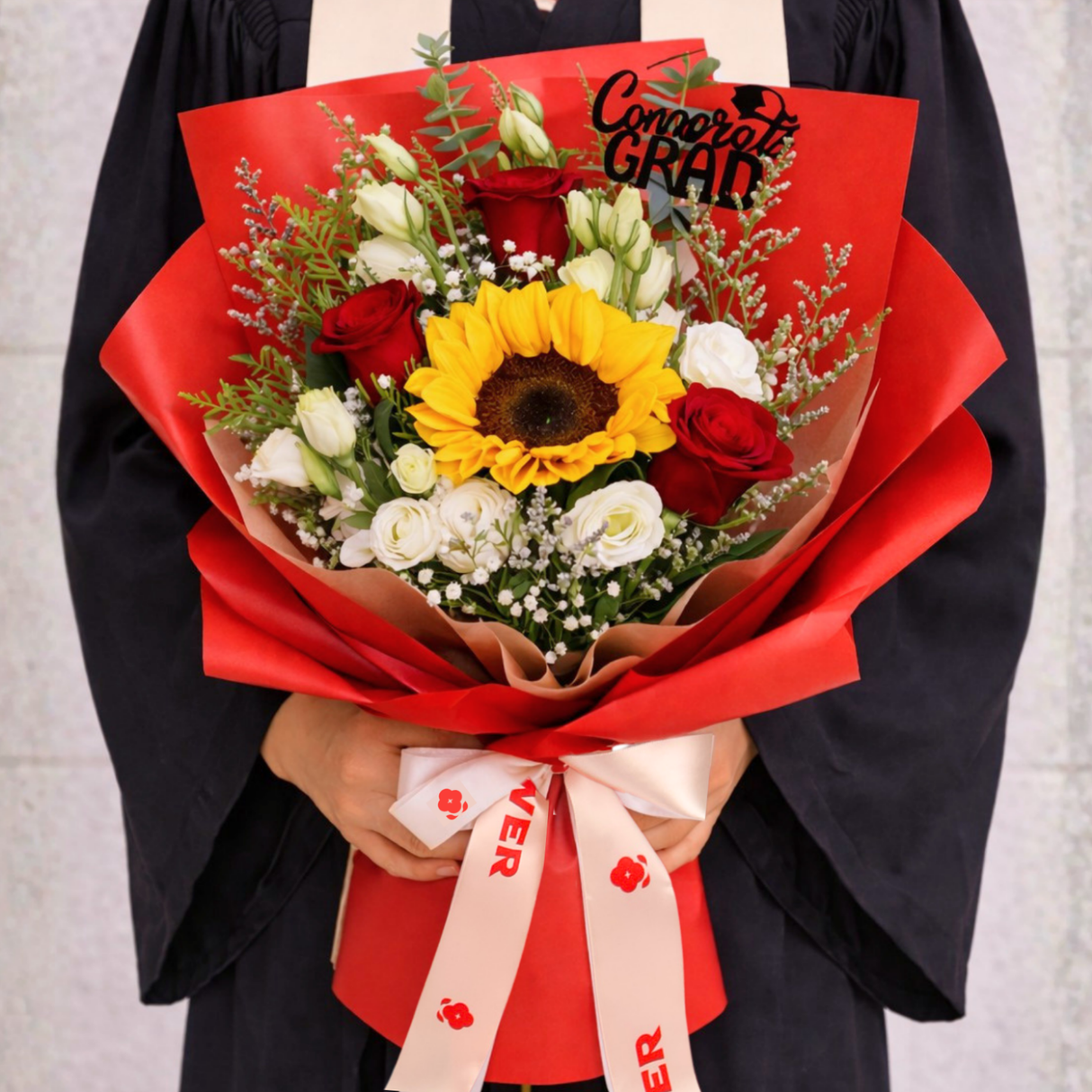 Bold Success (1 Sunflower, 3 Roses) - Flower Bouquet