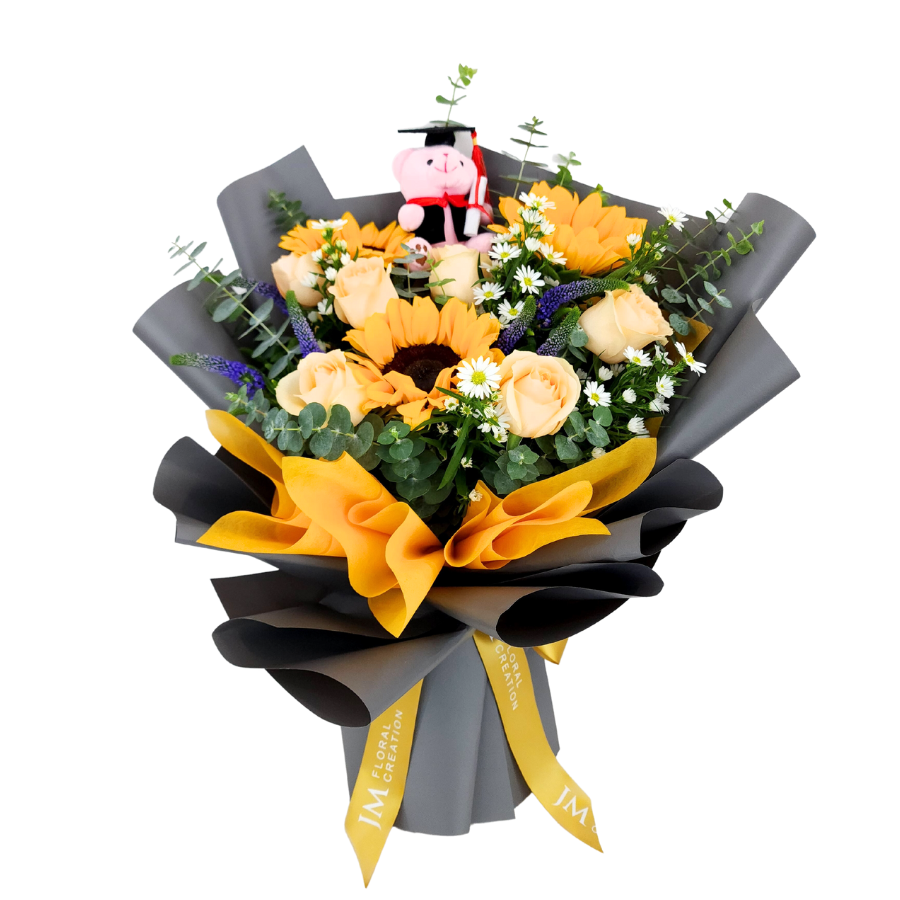 Yellow artificial flower bouquet with rose family petals.