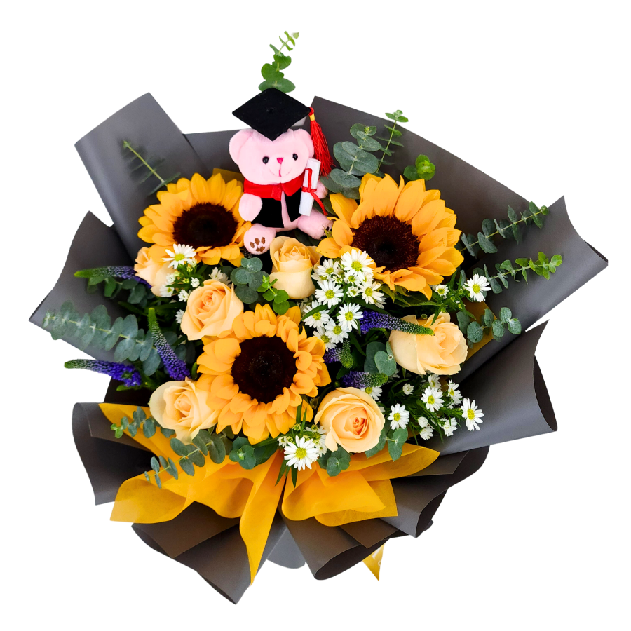 Yellow artificial flower bouquet with rose family petals.