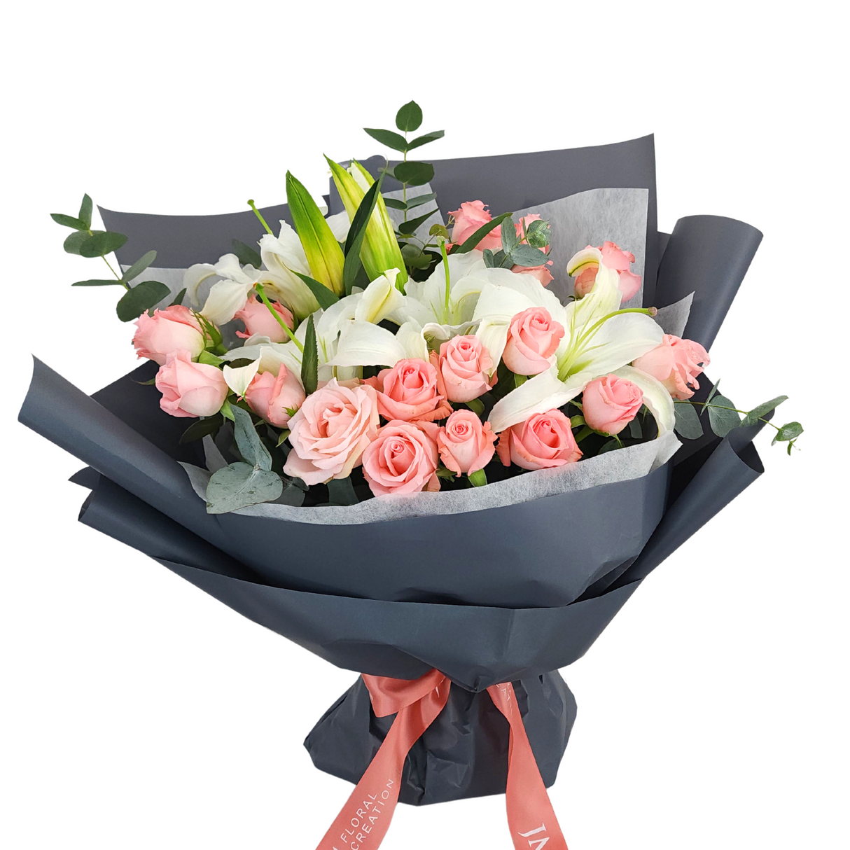 bruna White Lilies & Pink Roses Bouquets Birthday Flower Bouquet Singapore