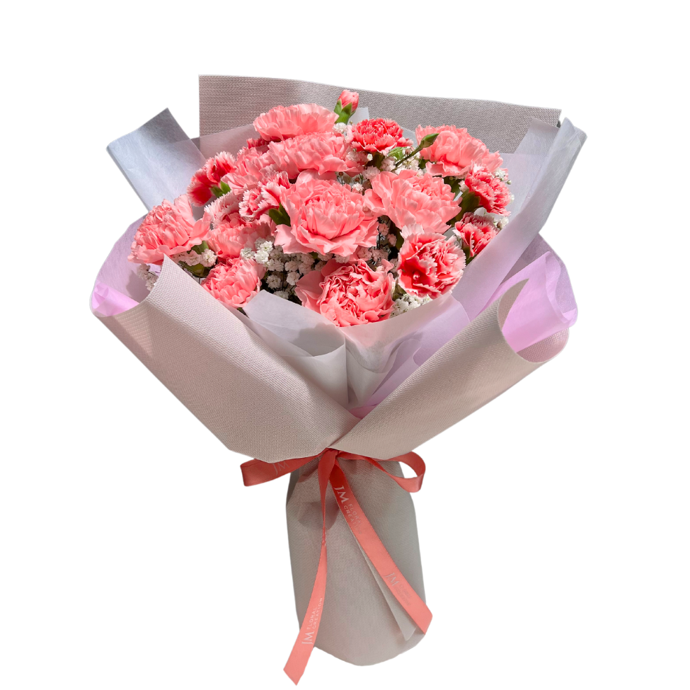 Pink garden rose bouquet with "JM" visible.