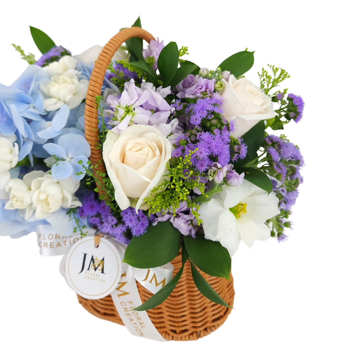 delfina White Roses & Blue Hydrangeas Korean-Style Basket Arrangement Birthday Flower Bouquet Singapore