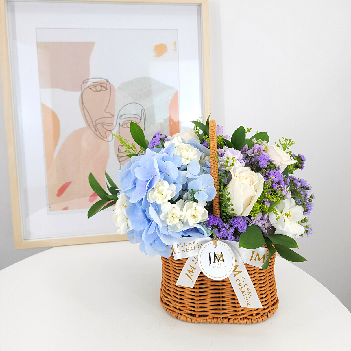delfina White Roses & Blue Hydrangeas Korean-Style Basket Arrangement Birthday Flower Bouquet Singapore