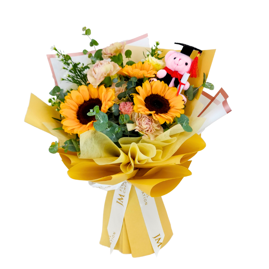Yellow flower bouquet with artificial sunflower and rose.