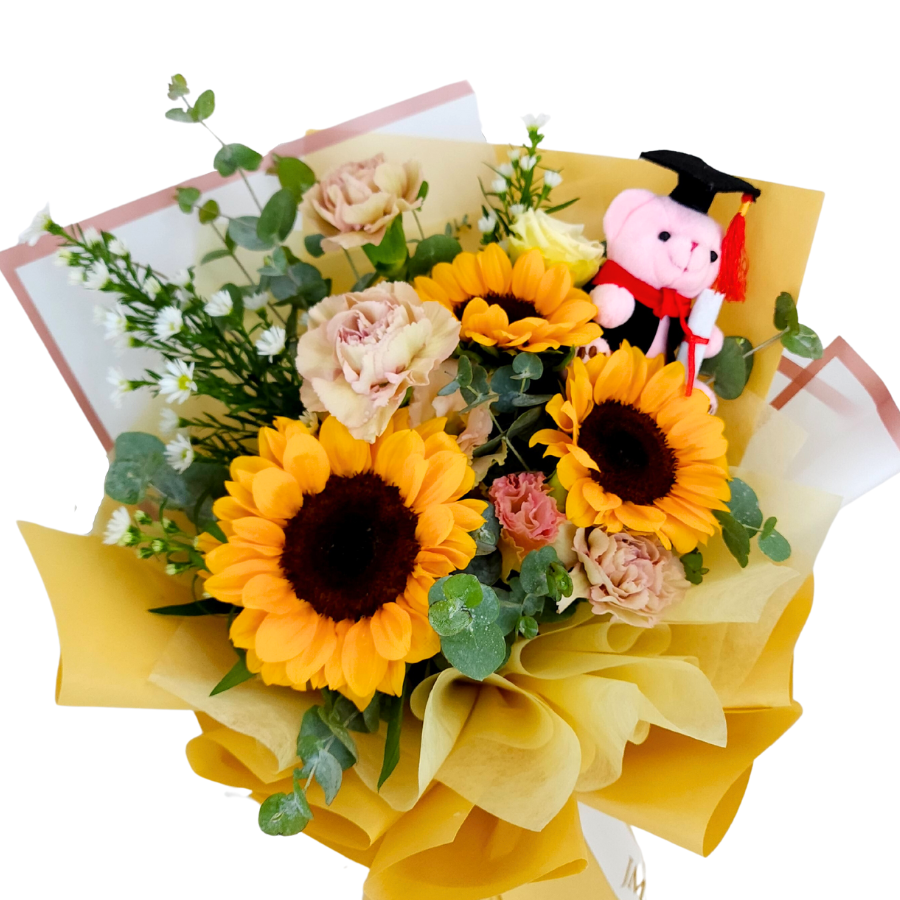 Yellow flower bouquet with artificial sunflower and rose.