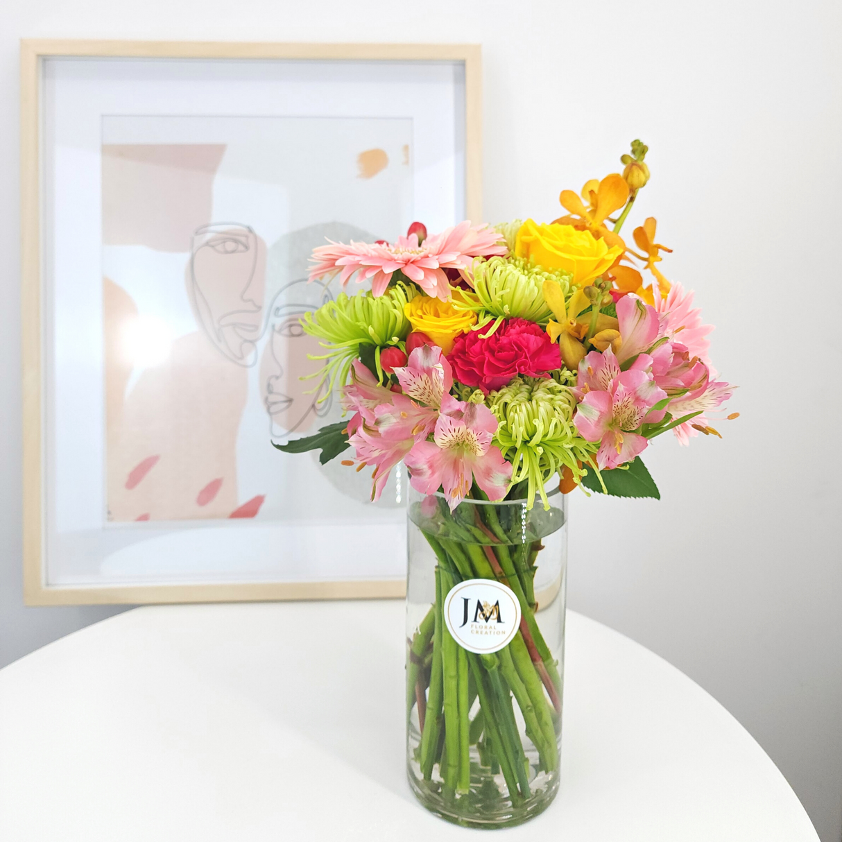 ella Pink, Orange, and Yellow Vase Arrangement Birthday Flower Bouquet Singapore