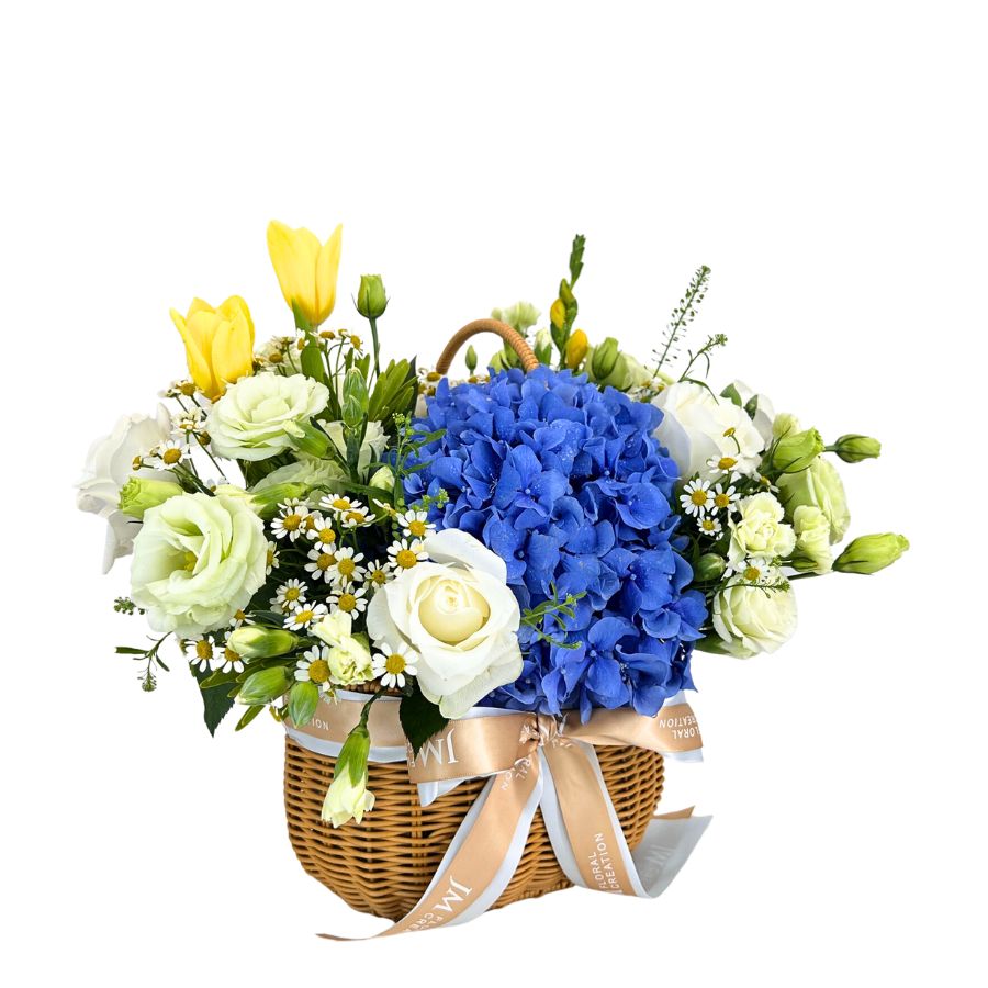 Ellie (Roses, Hydrangeas, Tulips) - Flower Basket