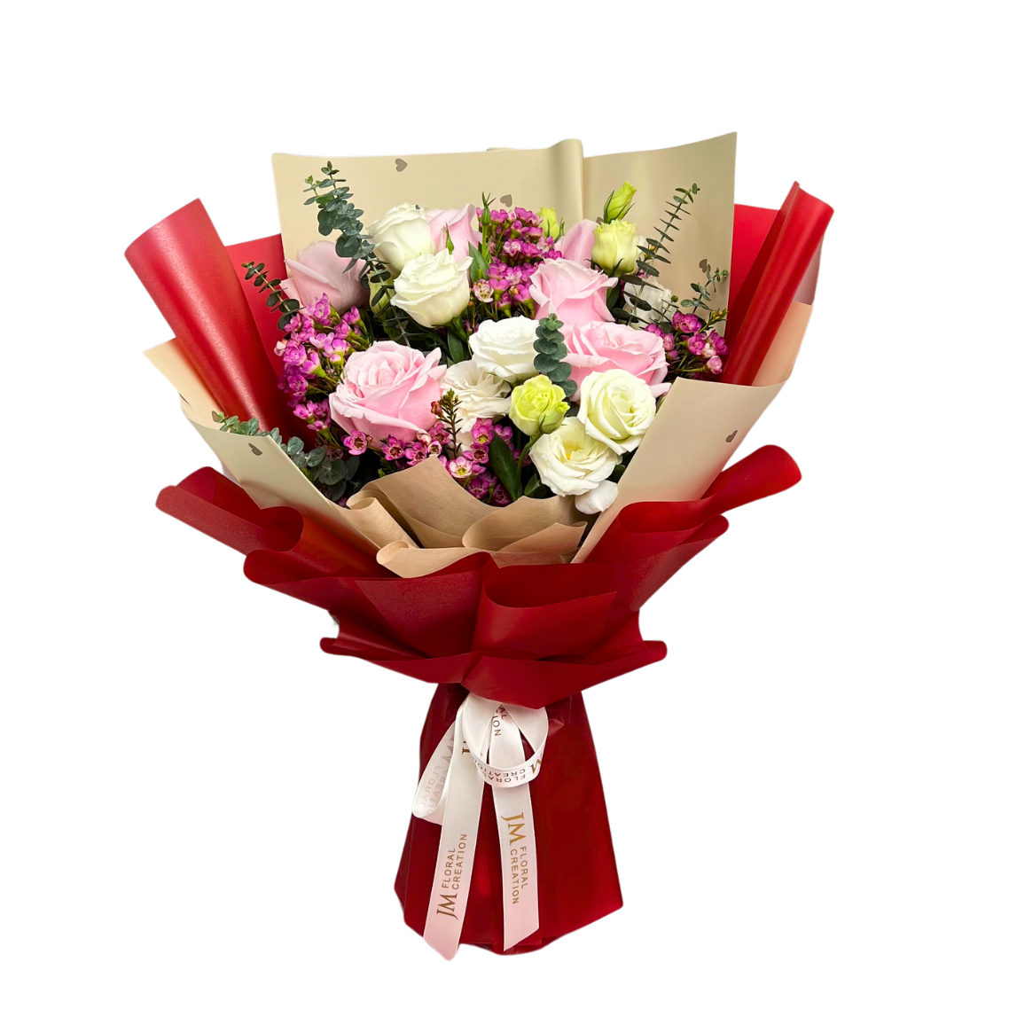 Pink artificial flower bouquet with roses.