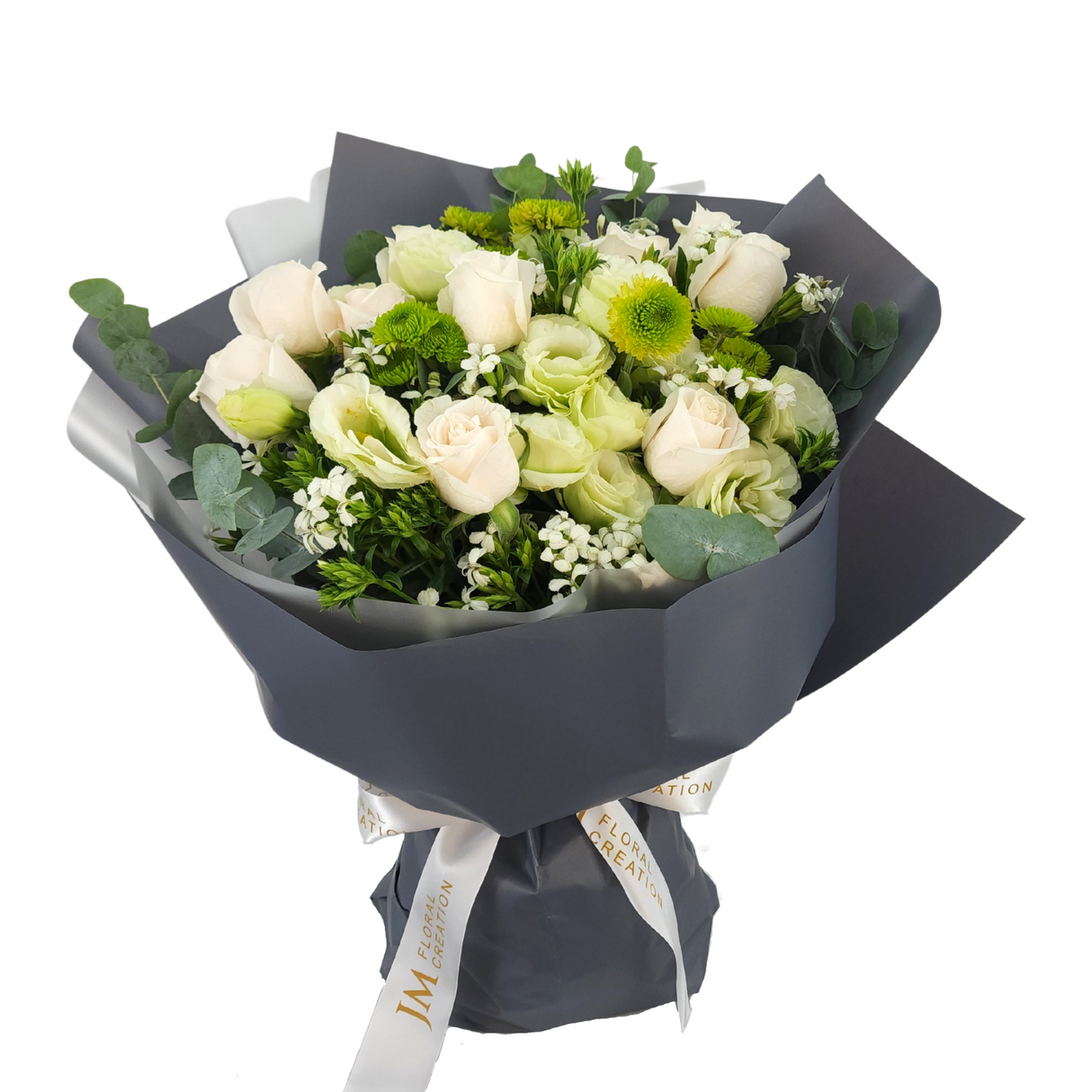 emily White & Green Roses Bouquet Birthday Flower Bouquet Singapore