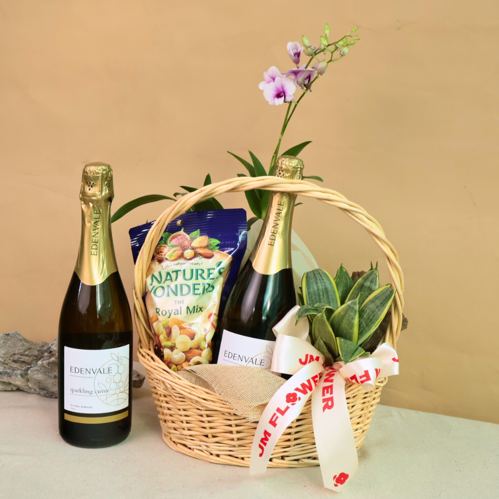 Wine bottle in gift basket.