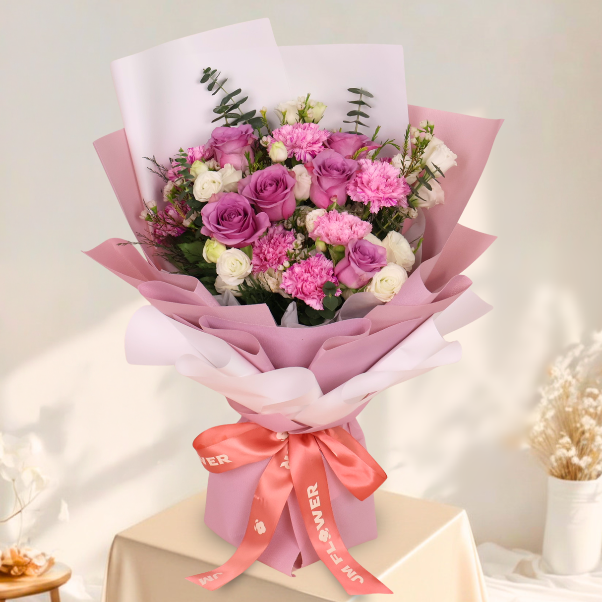 Floral Grace (6 Roses, 5 Carnations, 5 Eustomas) - Flower Bouquet