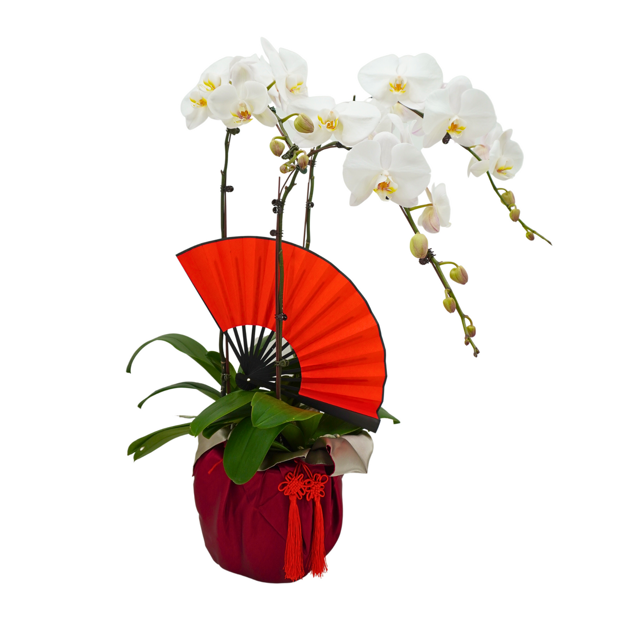 Pink artificial flower bouquet in flowerpot.