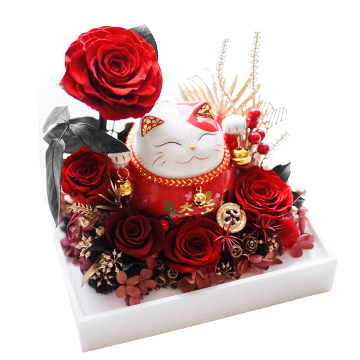 Preserved Flower Fortune Cat - Congratulatory