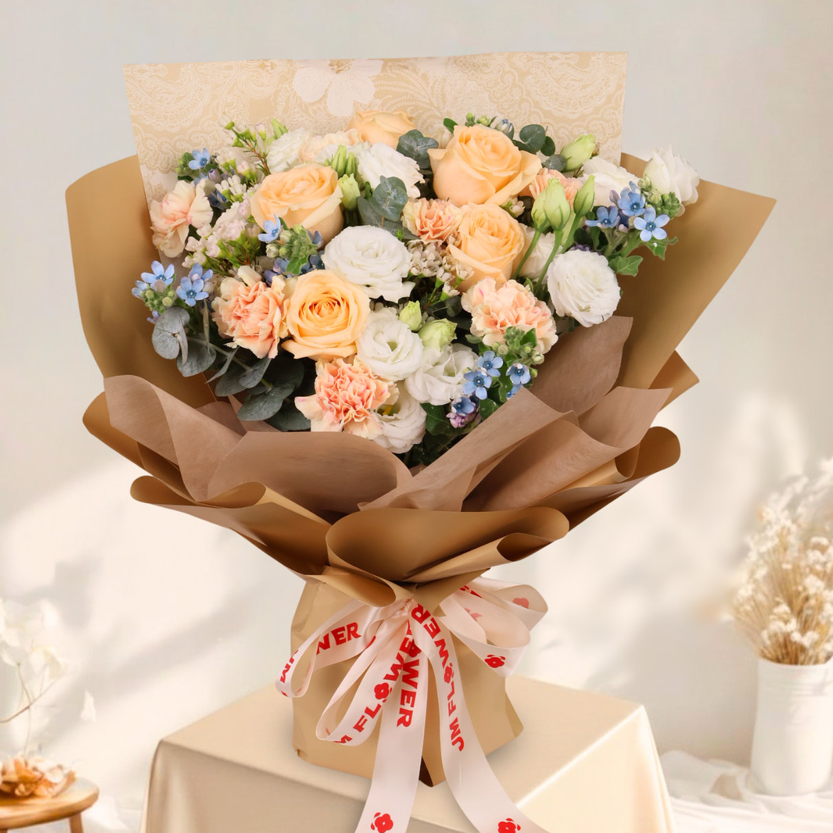 Gentle Holding (Roses, Carnations, Tweedia) - Flower Bouquet