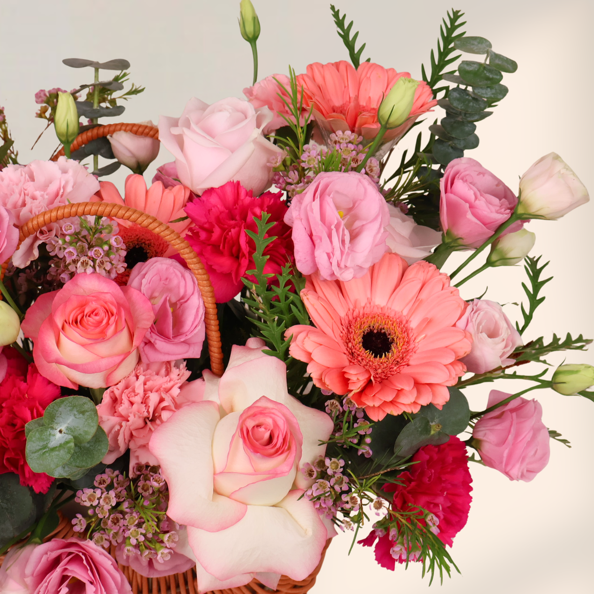 Gentle Love (Rose, Carnation, Gerbera, Eustoma) - Flower Basket