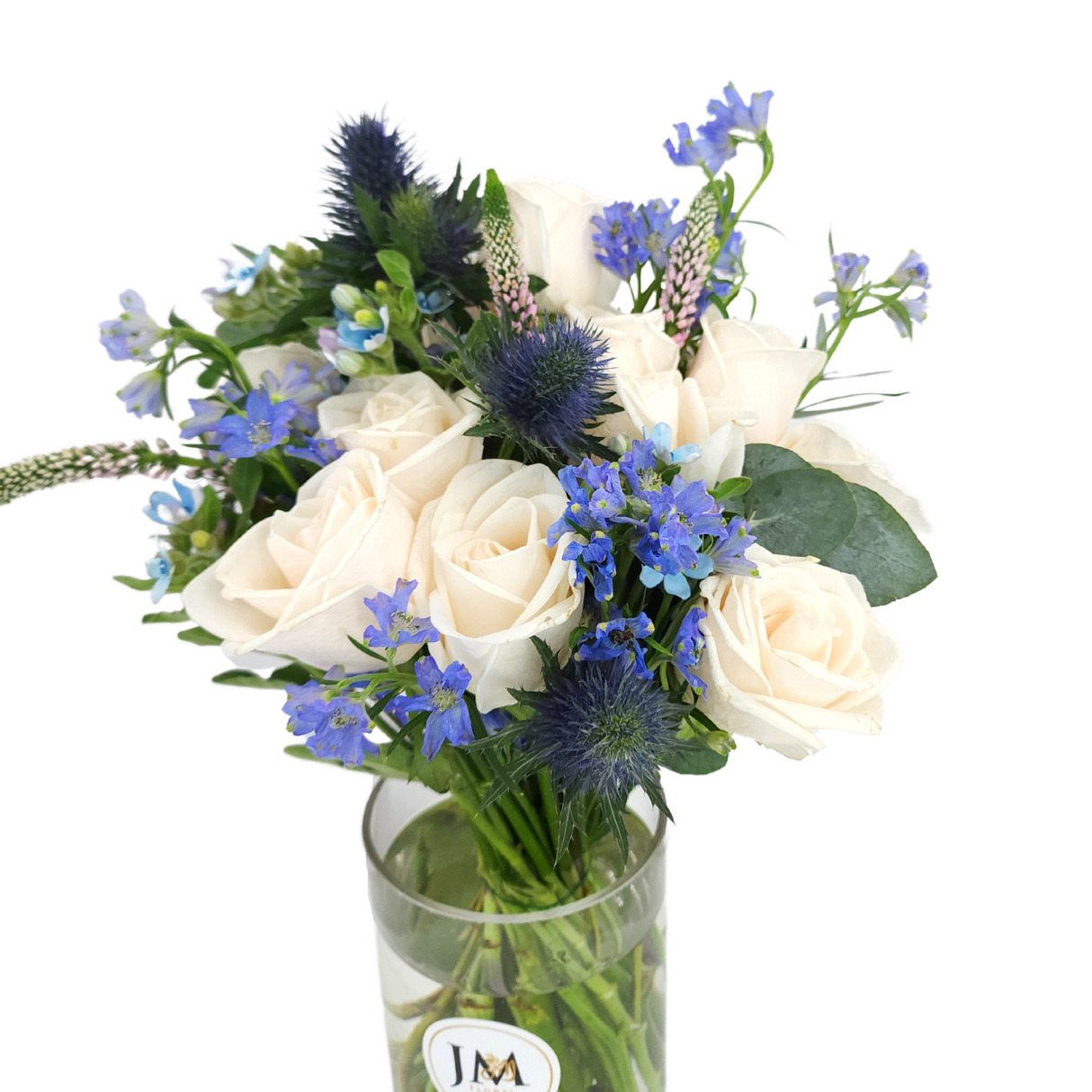 gloria White and Blue Vase Arrangement Birthday Flower Bouquet Singapore