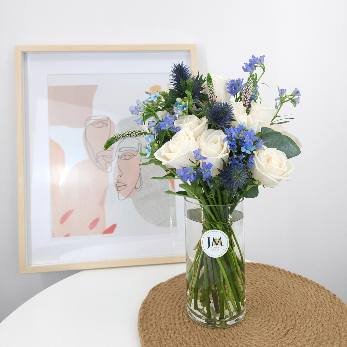 gloria White and Blue Vase Arrangement Birthday Flower Bouquet Singapore