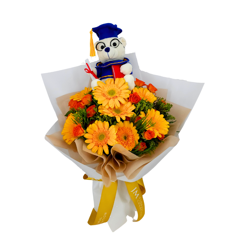 Yellow sunflower bouquet with stuffed toy.