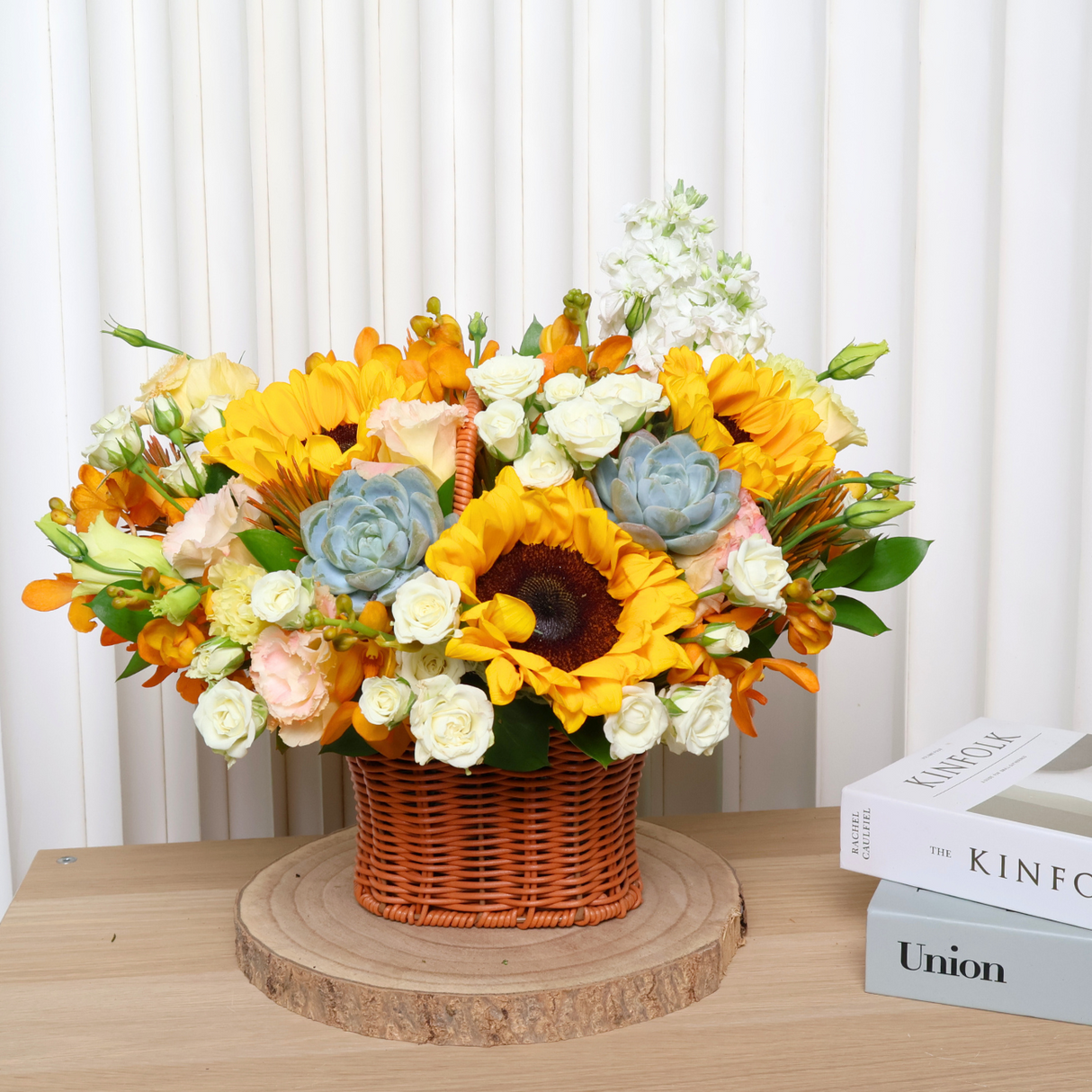 Enlightenment (Sunflower, Rose Spray, Eustoma) - Flower Basket