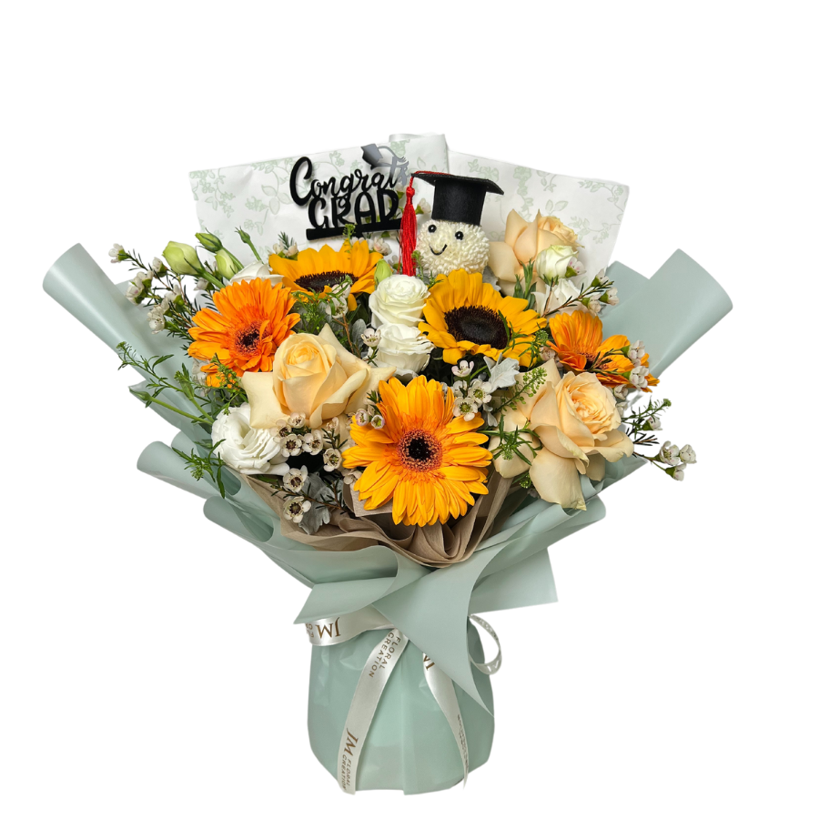 Yellow artificial flower bouquet with various petals.