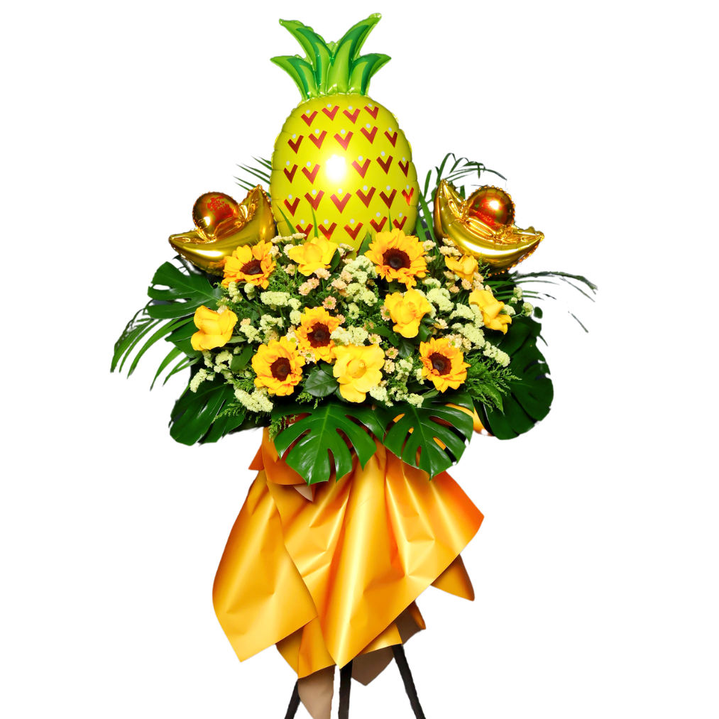 Yellow pineapples and flower bouquet.
