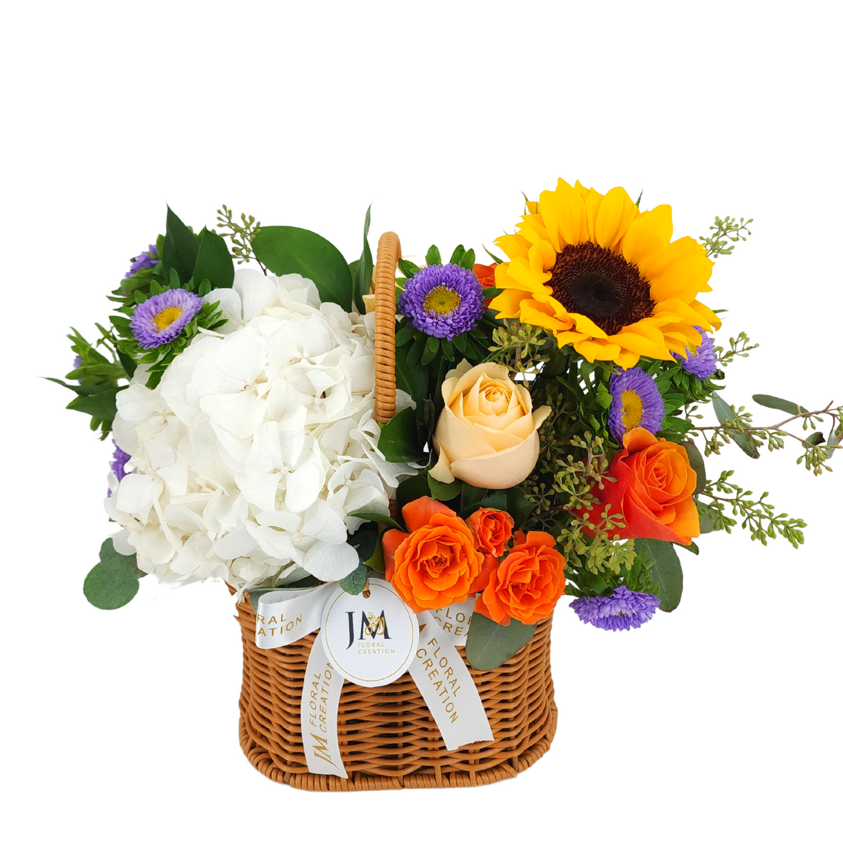 irene Roses, Hydrangeas & Sunflower Korean-Style Basket Arrangement Birthday Flower Bouquet Singapore