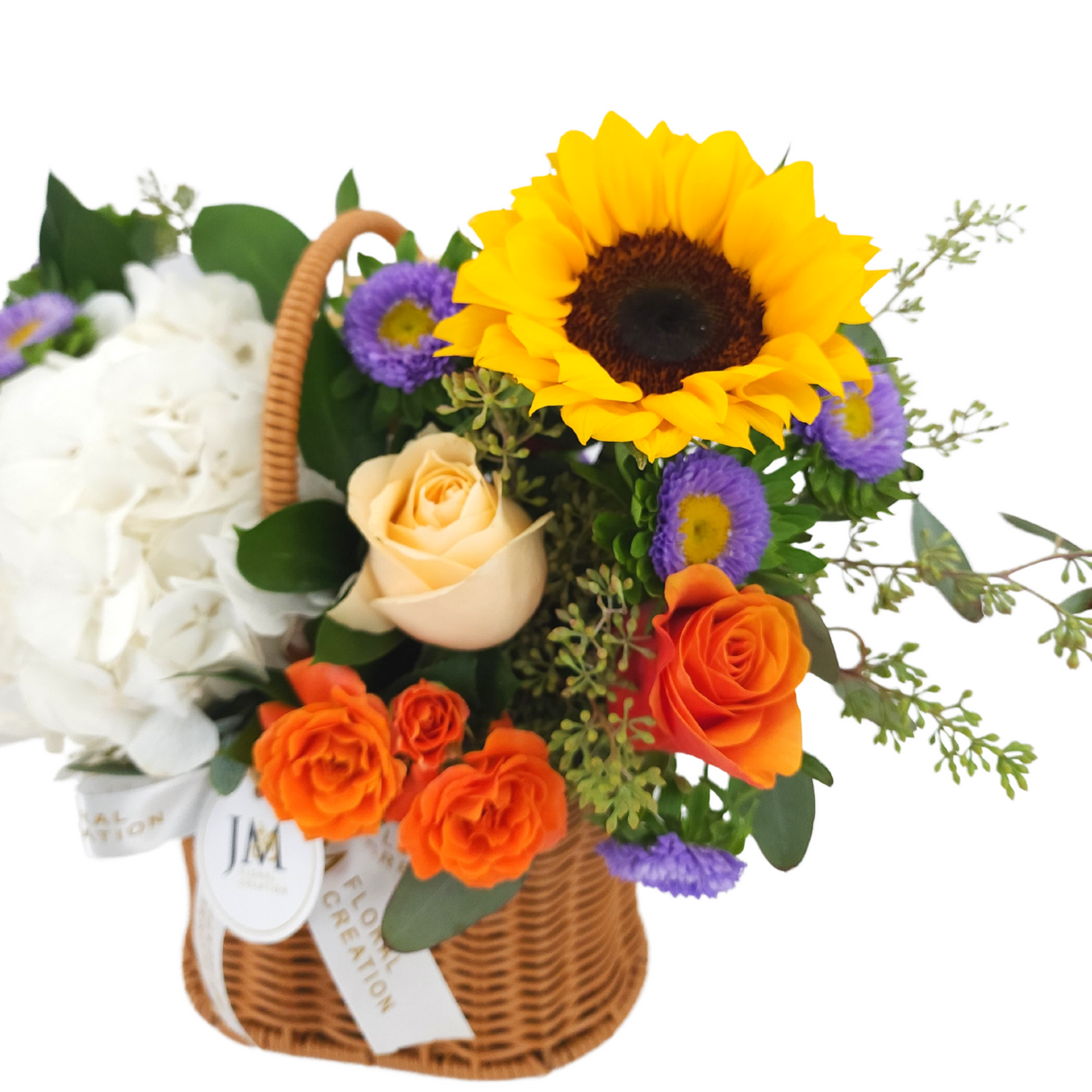 irene Roses, Hydrangeas & Sunflower Korean-Style Basket Arrangement Birthday Flower Bouquet Singapore
