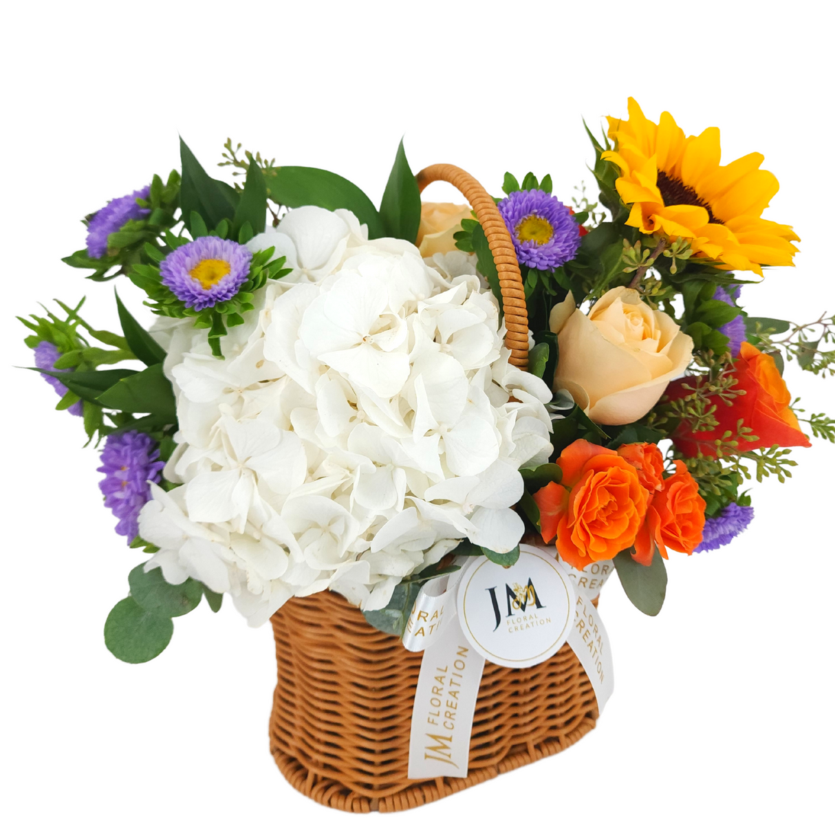 irene Roses, Hydrangeas & Sunflower Korean-Style Basket Arrangement Birthday Flower Bouquet Singapore