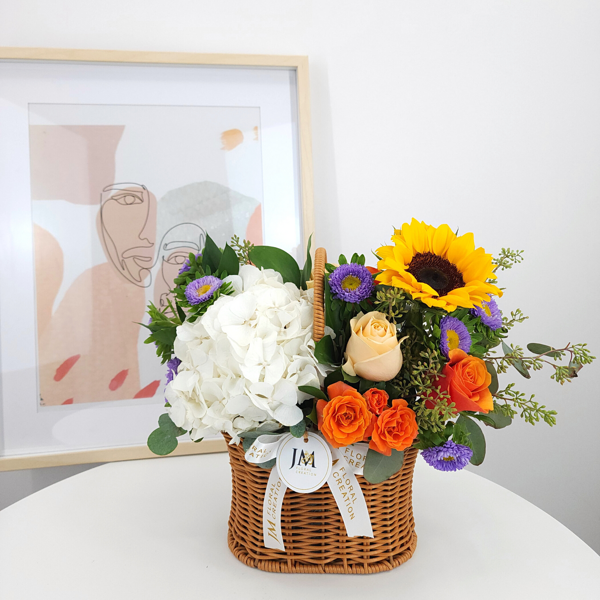 irene Roses, Hydrangeas & Sunflower Korean-Style Basket Arrangement Birthday Flower Bouquet Singapore