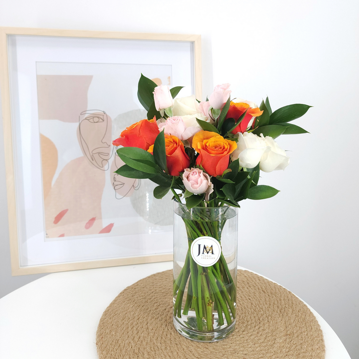 isabella Orange, Pink & White Roses Vase Arrangement Birthday Flower Bouquet Singapore